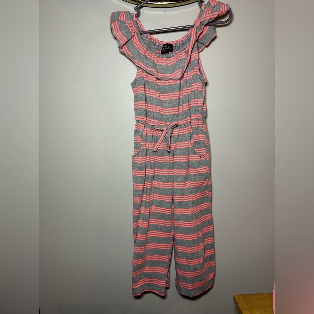 LILT Pink and Gray Ruffled Kids One Piece